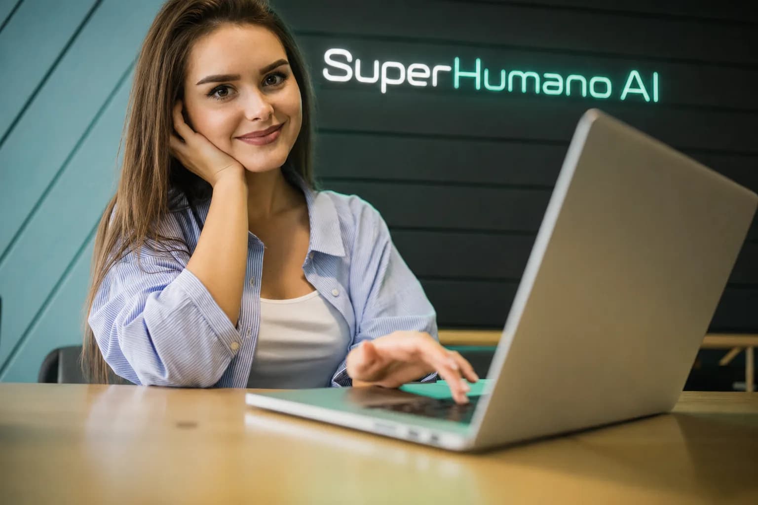 Profissional a trabalhar no portátil num espaço com a identidade SuperHumano